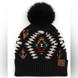 C.C Black and Multicolor Patterned Pom Beanie